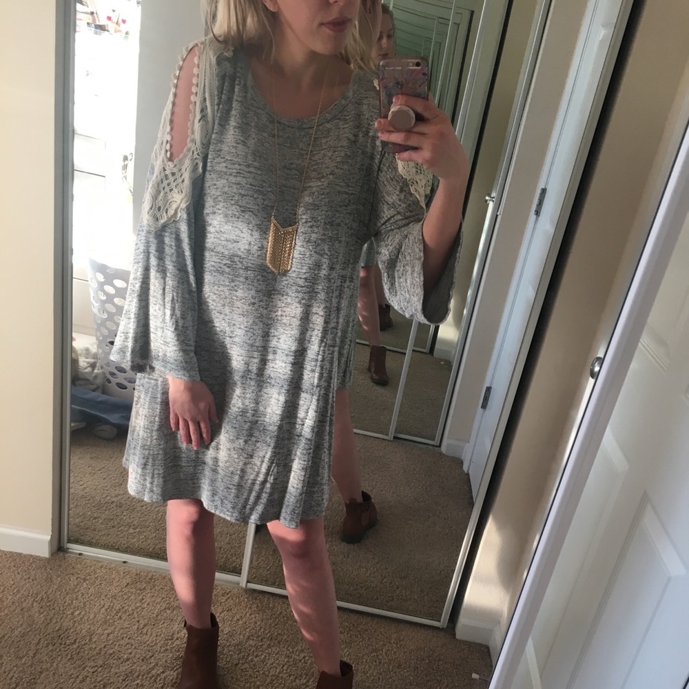 Gray Crochet Cold Shoulder/ Bell sleeve Dress